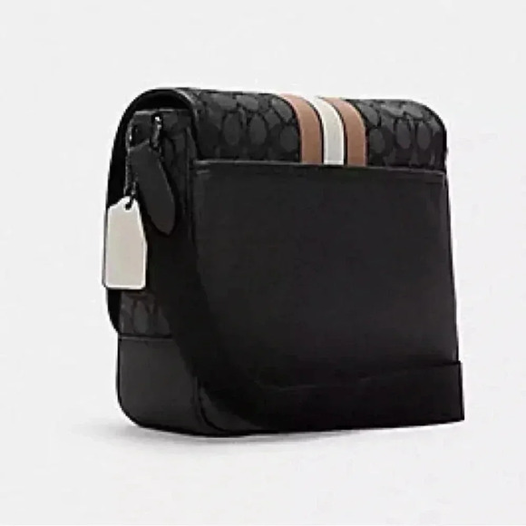COACH NWT Thompson Crossbody Bag Jacquard  Varsity Stripe Black Leather Snap - Picture 8 of 12